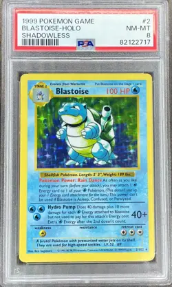 Pokemon Blastoise Base Set Shadowless Holo #2 PSA 8 - Image 1