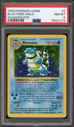 Pokemon Blastoise Base Set Shadowless Holo Rare #2 PSA 8 - Image 1