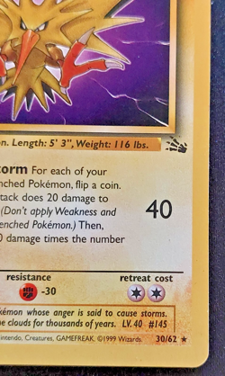 Pokemon TCG Zapdos 30/62 fossil unlimited HP wotc - Image 4