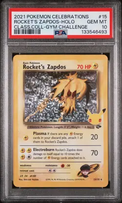 Rocket's Zapdos Holo 15 Celebrations Classic Collection Pokemon PSA 10 - Image 1