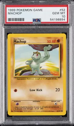 1999 POKEMON BASE SET UNLIMITED #52 MACHOP PSA 10 - Image 1