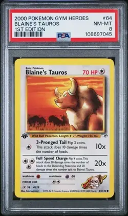 2000 Pokemon Gym Heroes 1st Edition Blaine's Tauros 64/132 PSA 8 NM-MT - Image 2