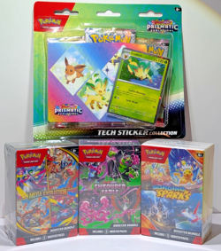 Pokemon Lot: 3 Booster Bundles (Mega, Surging, Fable) + 1 Prismatic Tech Sticker - Image 1