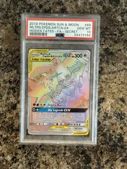 PSA 10 Moltres Zapdos Articuno GX Rainbow Secret Rare Hidden Fates Pokemon TCG - Image 1