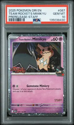 Pokemon Team Rocket's Mimikyu STAFF Destined Rivals Prerelease Promo #087 PSA 10 - Image 1