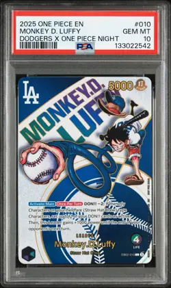 PSA 10 Monkey D Luffy EB02-010 L Dodgers One Piece Night Promo Card English 2025 - Image 1