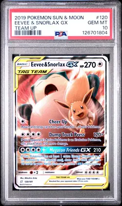 2019 POKEMON SUN & MOON TEAM UP #120 EEVEE & SNORLAX GX PSA 10 - Image 1