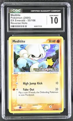 CGC 10 Meditite 2005 EX Emerald 55/106 Reverse Holo Stamped Pokemon Card - Image 1