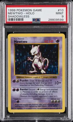 1999 POKEMON BASE SET SHADOWLESS #10 MEWTWO-HOLO PSA 9 - Image 1