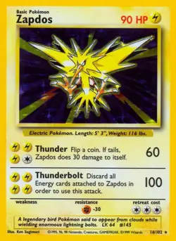 Zapdos - 16/102 - Pokemon Base Set Unlimited Holo Rare Card WOTC NM - Image 1