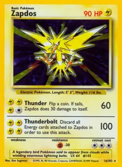 Zapdos - 16/102 - Pokemon Base Set Unlimited Holo Rare Card WOTC NM - Image 1