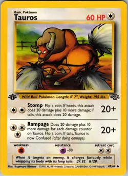Tauros 1st Edition Uncommon Jungle 47/64 LP - Pokemon TCG - Image 1