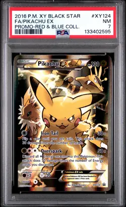 2016 POKEMON BLACK STAR PROMO FULL ART PIKACHU EX #XY124 RED & BLUE COLL PSA 7 - Image 1