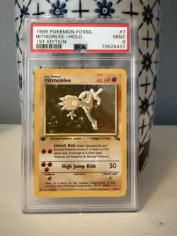 1999 Pokemon TCG Hitmonlee 1st Edition Holo Rare Card Fossil, #7 PSA 9 - Image 1