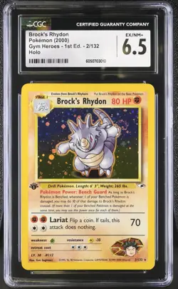 CGC 6.5 Brock's Rhydon Gym Heroes 1st Edition 2/132 Holo Pokemon Card Swirl - Image 1
