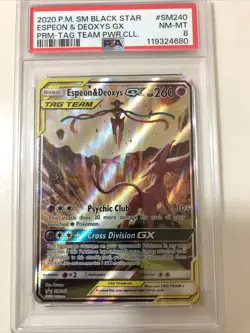 2020 Pokemon Sm Black Star Promo #SM240 Espeon & Deoxys Gx Tag Team PSA 8 - Image 1