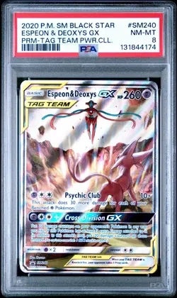 2020 POKEMON SM BLACK STAR PROMO TAG TEAM POWERS COLL ESPEON & DEOXYS GX PSA 8 - Image 1