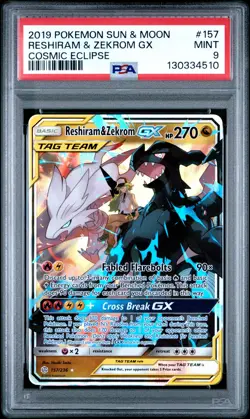 2019 POKEMON SM COSMIC ECLIPSE RESHIRAM & ZEKROM GX #157 PSA 9 MINT #130334510 - Image 1