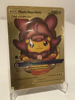 Pokemon TCG Basic Pikachu Mega Altaria Tag Cosplay HP 590 Gold Foil Fan Art - Image 1