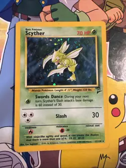 Vintage 2000 Scyther 17/130 Base Set 2 Holo Rare Swirl MP English Pokemon Card - Image 1