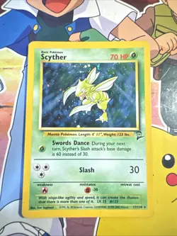 Vintage 2000 Scyther 17/130 Base Set 2 Holo Rare Swirl MP English Pokemon Card - Image 2