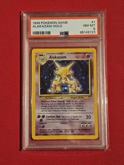 PSA 8 NM-MT Alakazam 1/102 Base Set Pokemon Card WOTC Vintage Rare Holo 1999 - Image 1