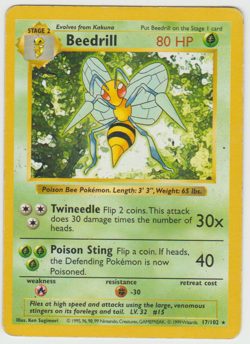 Beedrill 17/102 Shadowless Rare Base Set Pokemon Card Unlimited WOTC 1999 - Image 1
