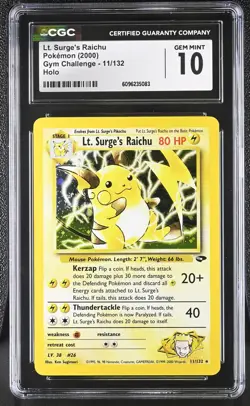 CGC 10 GEM MINT Lt. Surge's Raichu Gym Challenge 11/132 Holo SWIRL Pokemon Card - Image 1