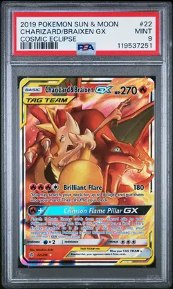 Pokemon TCG 2019 Sun & Moon Cosmic Eclipse Charizard & Braixen GX #22 PSA MINT 9 - Image 1