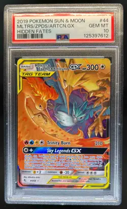 2019 Pokemon SM Hidden Fates Moltres & Zapdos Articuno Tag Team GX #44/68 PSA 10 - Image 1