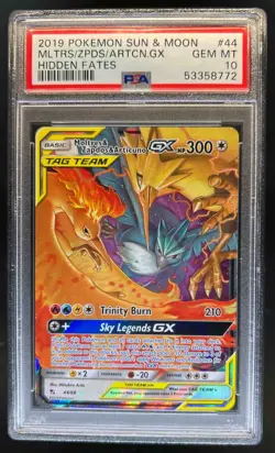 2019 Pokemon SM Hidden Fates Moltres & Zapdos Articuno Tag Team GX #44/68 PSA 10 - Image 1