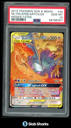 2019 POKEMON SM HIDDEN FATES #44/68 MOLTRES & ZAPDOS ARTICUNO TAG TEAM GX PSA 10 - Image 1