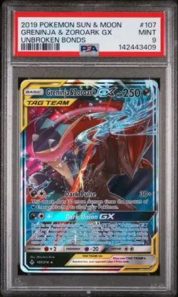 2019 POKEMON SUN & MOON UNBROKEN BONDS #107 GRENINJA & ZOROARK GX PSA 9 - Image 1