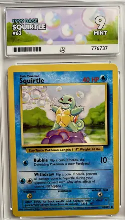 Pokemon TCG Squirtle Base Set 63/102 WOTC Vintage 1999 Graded Ace 9 Mint - Image 1