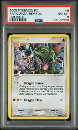 2005 POKEMON EX EMERALD #9 RAYQUAZA-REVERSE FOIL PSA 8 - Image 1