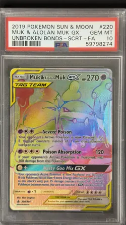 2019 POKEMON SUN & MOON UNBROKEN BONDS MUK & ALOLAN MUK GX#220 SCRT-FA PSA 10 - Image 1