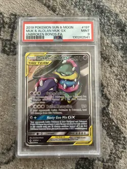 2019 Pokemon Sun & Moon Muk & Alolan Muk GX Unbroken Bonds-FA 197/214 Mint PSA 9 - Image 1