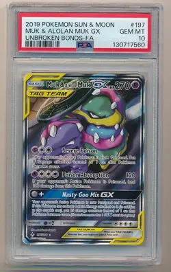 MUK & ALOLAN MUK GX 2019 POKEMON SUN & MOON UNBROKEN BONDS FA #197 PSA 10 - Image 1