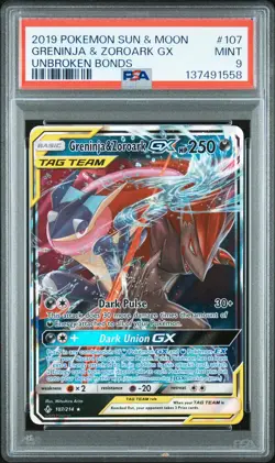 2019 POKEMON SUN & MOON UNBROKEN BONDS #107 GRENINJA & ZOROARK GX PSA 9 - Image 1