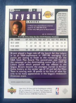 1998-99 Upper Deck UD Choice Preview Kobe Bryant #69 MINT - Image 2