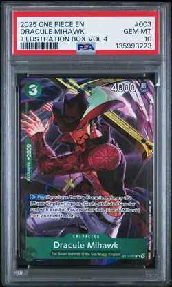 2025 ONE PIECE PROMOS ILLUSTRATION BOX VOL.4 #003 DRACULE MIHAWK PSA 10 - Image 1