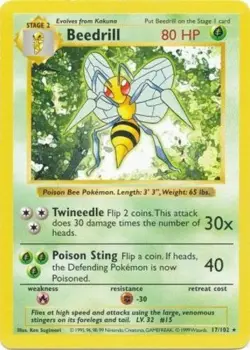 Damaged, English Pokemon Regular Beedrill - 17/102 - Rare - Shadowless Edition B - Image 1