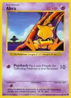 Heavily Played, English Pokemon Regular Abra - 43/102 - Common - Shadowless Edit - Image 1