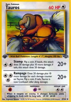 Heavily Played, English Pokemon Regular Tauros - 47/64 - Uncommon - 1st Edition - Image 1