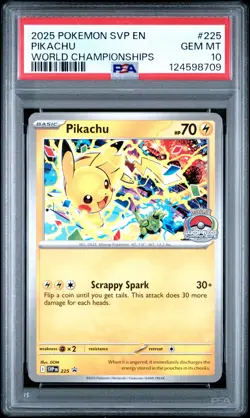2025 POKEMON SVP EN-SV BLACK STAR PROMO WORLD CHAMPIONSHIPS #225 PIKACHU PSA 10 - Image 1