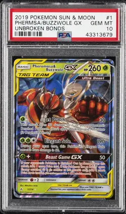 2019 POKEMON SUN & MOON UNBROKEN BONDS #1 PHEROMOSA & BUZZWOLE GX PSA 10 - Image 1