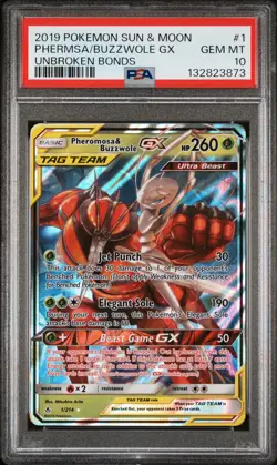 2019 POKEMON SUN & MOON UNBROKEN BONDS #1 PHEROMOSA & BUZZWOLE GX PSA 10 - Image 1