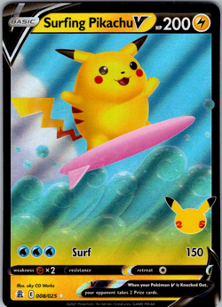 Surfing Pikachu V - 008/025 - Pokemon Celebrations Sword & Shield Rare Card NM - Image 1