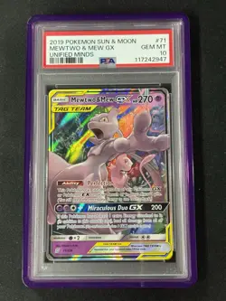 2019 Pokemon Sun & Moon Unified Minds Mewtwo Mew Tag Team Holo #71/236 PSA 10 - Image 1