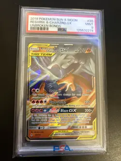 PSA 9 MINT Reshiram & Charizard GX 20/215 Unbroken Bonds 2019 Pokemon Card - Image 1